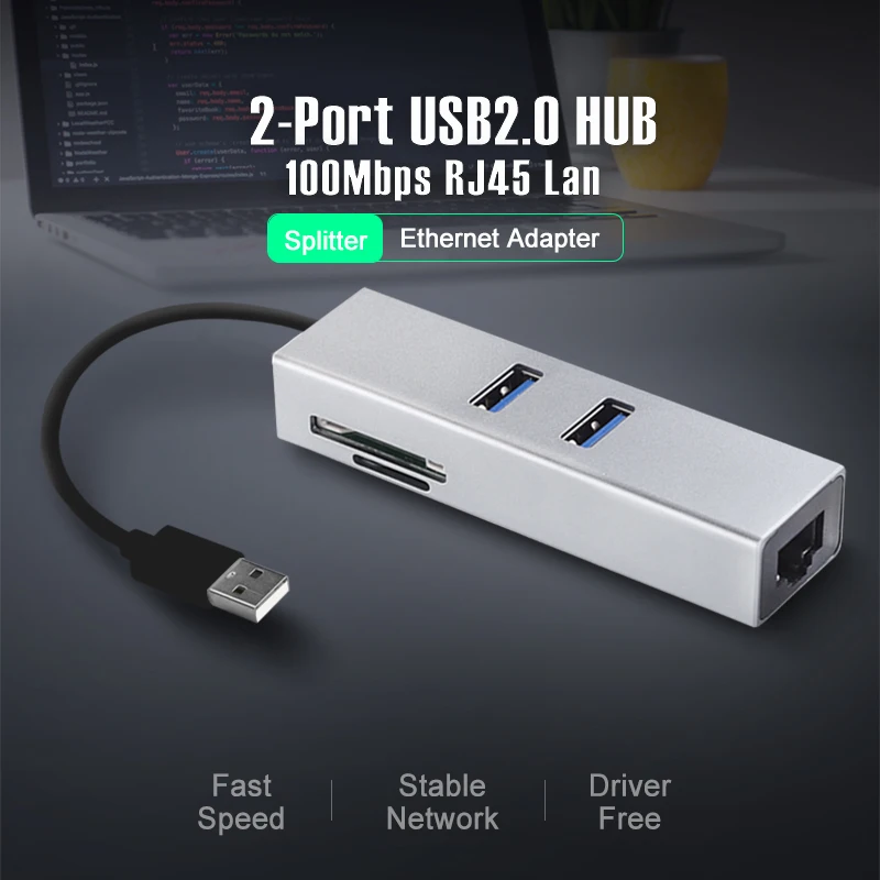 OFCCOM 2-Port USB 2.0 Hub with RJ45 Ethernet LAN Network Adapter USB to SD/TF Card Reader for Laptop PC Computer