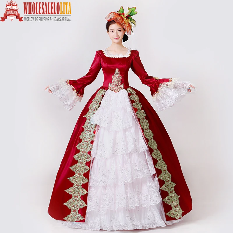 

Brand New Red Embroidery Marie Antoinette Dress Civil War Southern Belle Masquerade Ball Gown Reenactment Women Clothing