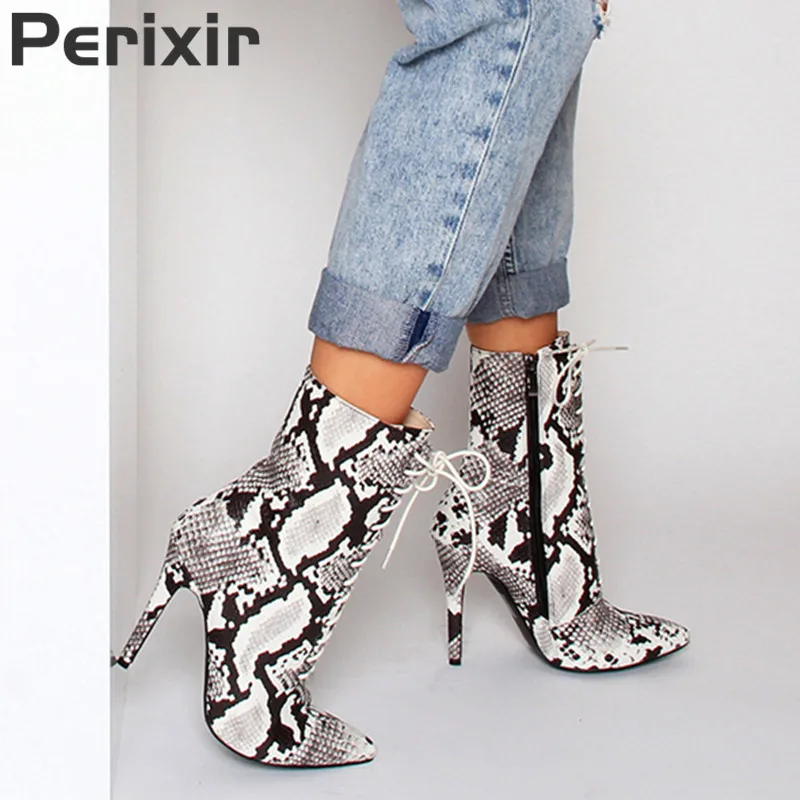 

Perixir 2019 Hot Sale Women Boots Snakeskin Pattern Pointed Toe Zip Thin High Heels Shoes Autumn Winter Fashion Warm Boots Woman
