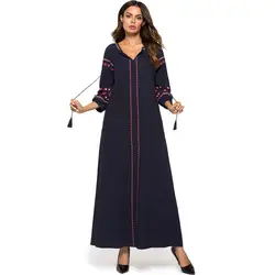 Мусульманский для женщин Ближний Восток платье макси Абая с длинным рукавом вышивка кисточкой галстук халаты платья свободные