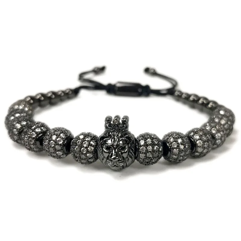 2018 New Fashion Lion Crown &amp 8MM CZ Ball Beads Braiding Charm Bracelets For Men Women Jewelry Pulseira Masculina | Украшения и
