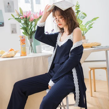 

2019 Spring Nursing Pajamas Korean Cotton Sexy 3Pcs/Set Maternity Sleepwear Postpartum Breastfeeding Pregnancy Nightwear