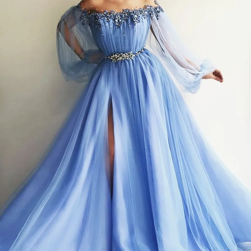 

Pretty Sky Blue Pearls Evening Dresses 2018 With Sheer Full Puff Sleeves Appliques Fashion Evening Gowns High Side Split Abiye
