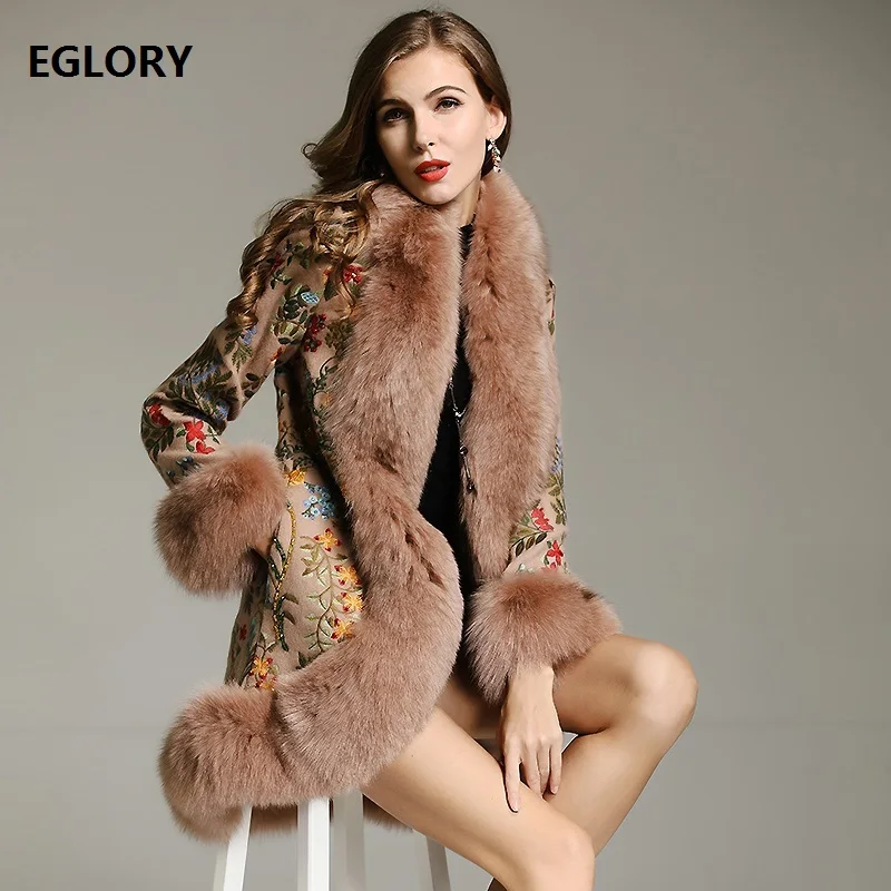 

Top Quality Fur Jackets 2019 Winter Women Genuine Fox Fur Patchwork Wool Cardigans Jackets Lady Beading Embroidery Wool Outwear
