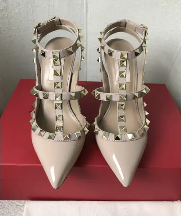 

10cm Nude Sandals Brand Women High Heel Shoes With Rivets Thin Heel 8cm 6cm Pointed Toe Red Wedding Shoes Party Shoes 34-43 Box