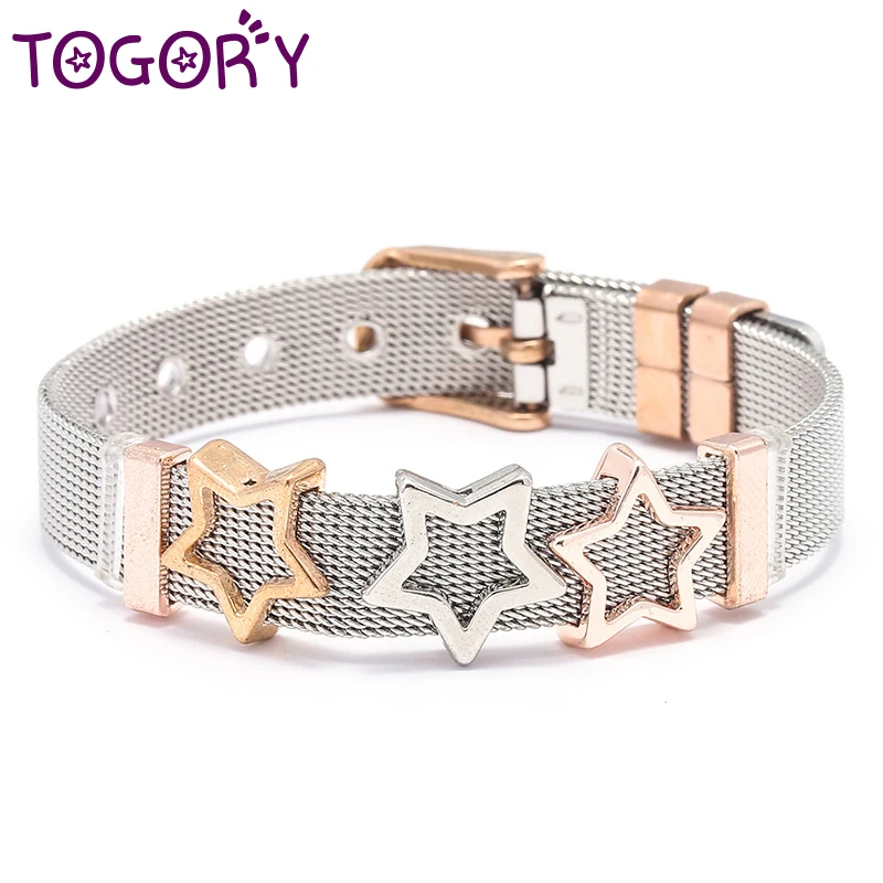 

TOGORY Jewelry Silver Rose Gold Color Mesh Keeper Bracelets With Crystal Star Slide Charms Bracelets for Women Corple Gift
