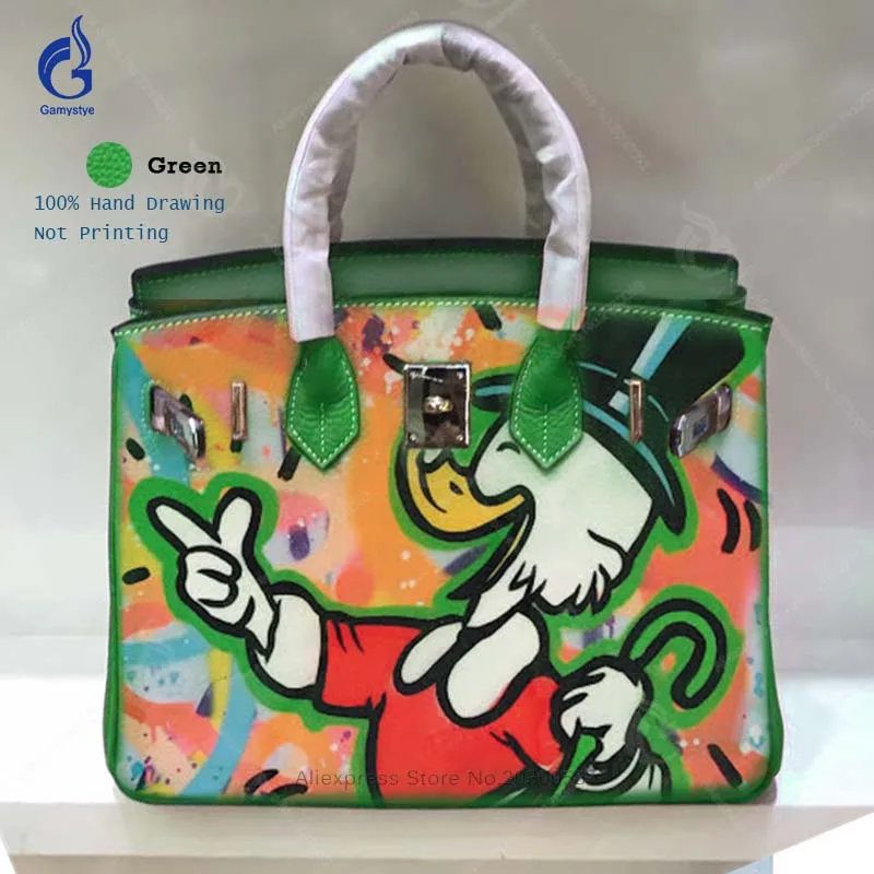 

Gamystye Hand Painted ALEC Graffiti Pop Art Duck Women Bags High Quality Genuine Leather Handbags Big Top Handle Casual Totes Y