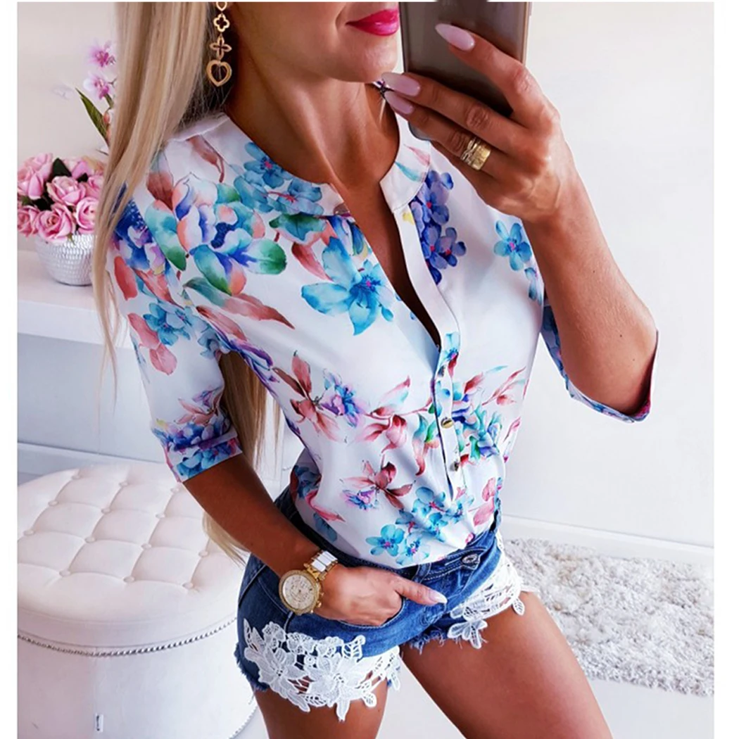

New Fashion Floral Print Blouse Women Button V-Neck Slim Fit Tops 2019 Elegant Half Sleeve Ladies Office Shirts Blusas Mujer