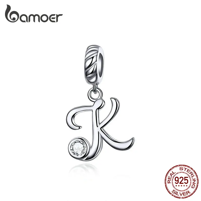 BAMOER 26 Letters alphabet Pendant 925 Sterling Silver Handwritten Language Pendants Charm for Bracelets and Necklace SCC1183 gold ring 925 Silver Jewelry