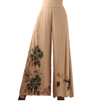 

Chinese Women Cotton Hand-Painted Pants Classy Loose Wide Leg Trousers Elastic Waist Pants Flower Size M L XL XXL WNS031819