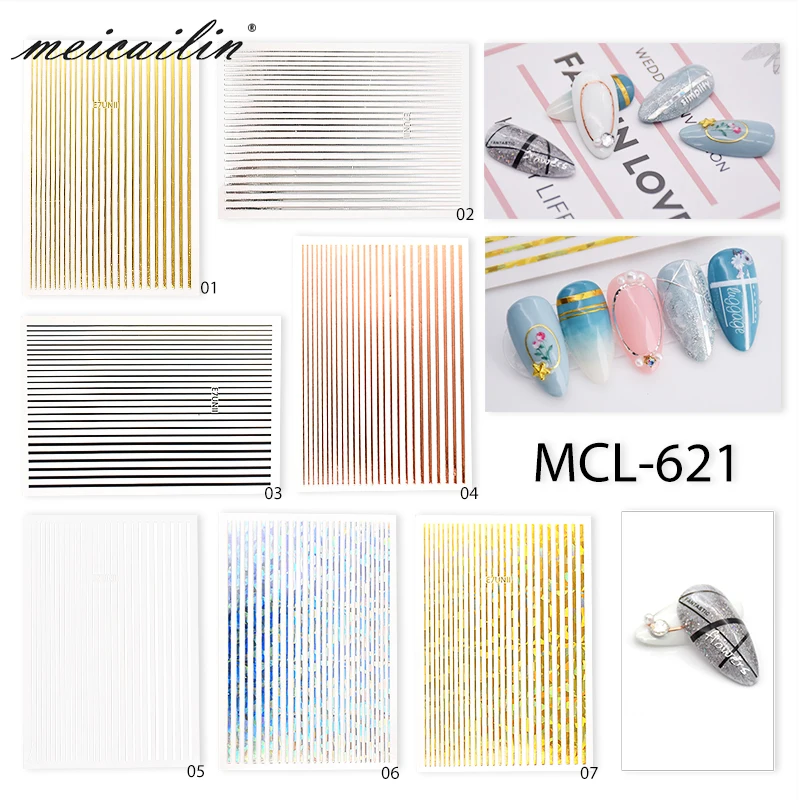 1pc Silver Gold White 3D Nail Sticker Metal Stripe Line Nail Stickers Adhesive Strip Tape Nail Art Stickers Decals Decorations