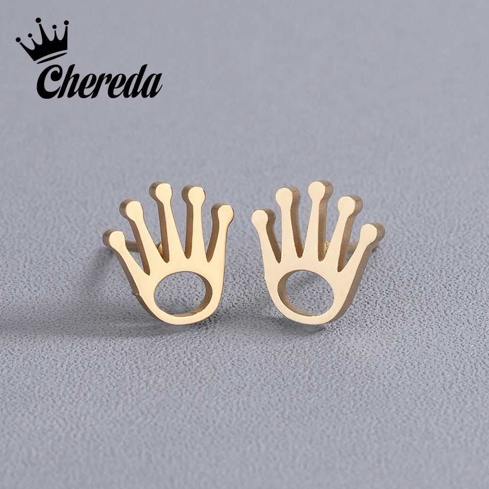 

Chereda Stainless Steel Stud Earring for Women Crown Gold Color Lover's Engagement Small Unique Jewelry Drop Shipping