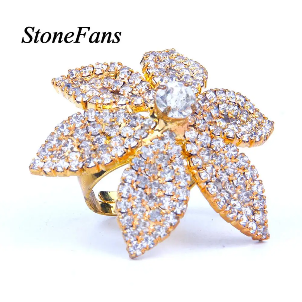 StoneFans большой цветок стразы кольцо для женщин полный палец золотой цвет