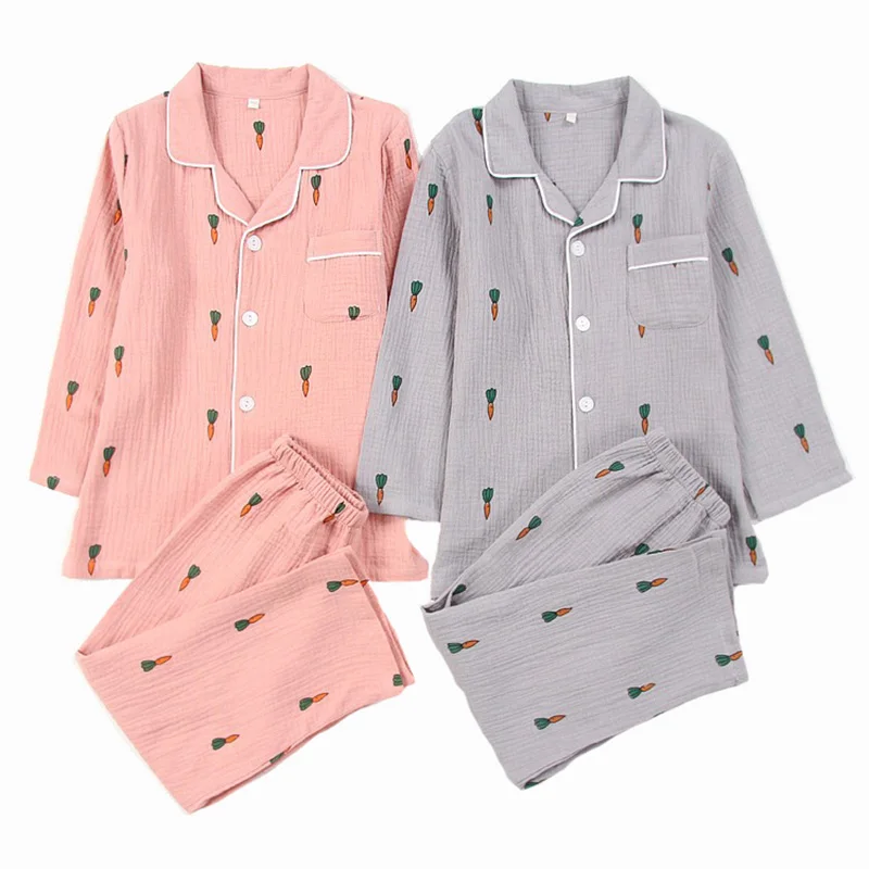 

2019 Spring Couple Sleepwear Men And Women Pajamas Set Long Sleeve Cute Cartoon Carrot Printed 100% Gauze Cotton Soft Homewear