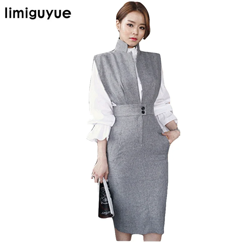 

limiguyue women 2 piece set long sleeve white ruffles blouse tops + cashmere woolen tweed dress office clothing women suit L053