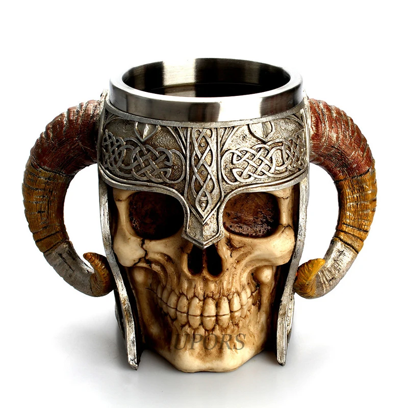 

UPORS Viking Skull Mug Stainless Steel Coffee Mug Medieval Castle Lord Knight Skeleton Tankard Cup for Beer Wine Halloween Gifts