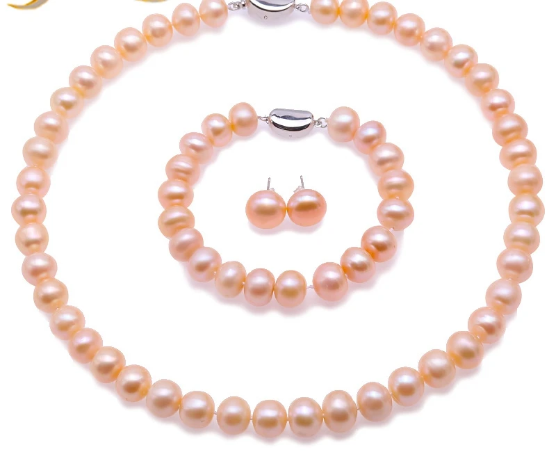 100% натуральный жемчуг ожерелье набор 10-11 мм розовый пресноводный жемчуг ожерелье браслет и серьги комплект ювелирных изделий 17"