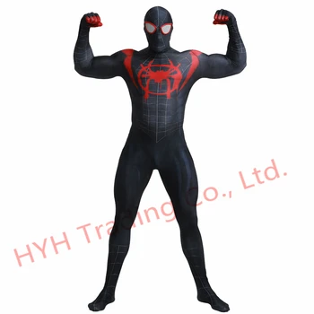 

2019 Black Miles Morales 3D Print Spiderman Costume Adult Kids Boys Spider Man Cosplay Costume Superhero Zentai Spiderman Suit