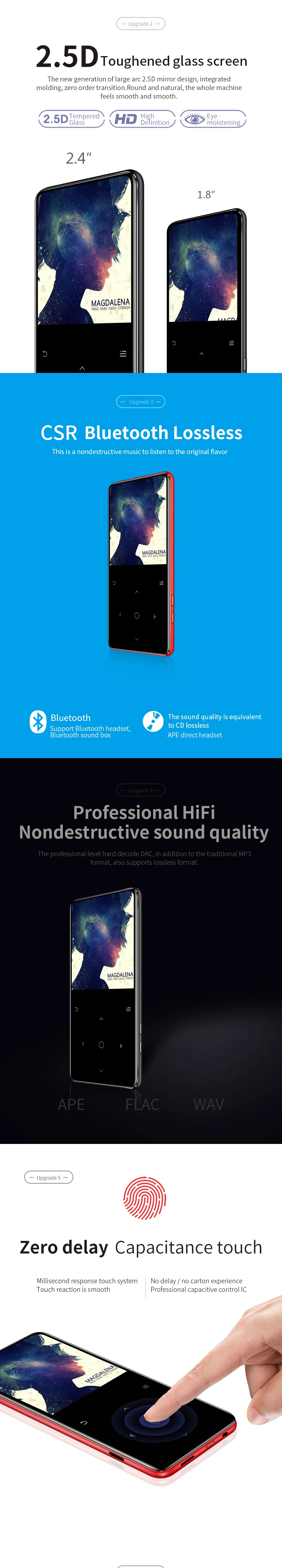 HiFi C6 8GB Портативный Встроенный динамик без потерь Музыкальный плеер 2,4 дюймов сенсорный экран APE/WMA/FLAC/WAV Hi-Fi Bluetooth MP3, иврит