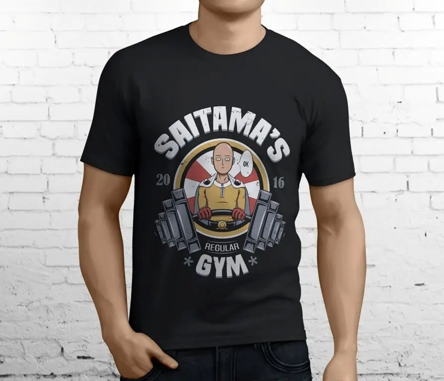 New Saitama's Gym One Punch Man Manga Oppai Funny Men's Black T-Shirt Size S-3XL Cheap wholesale tees 100% Cotton For | Мужская