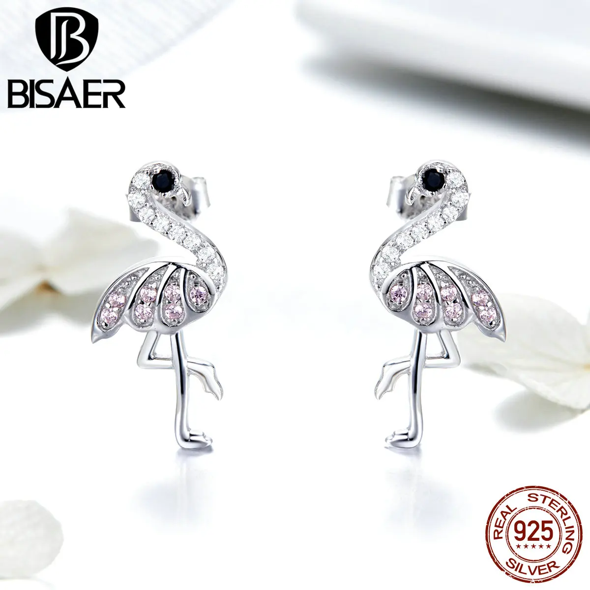

BISAER Popular 925 Sterling Silver Pink Flamingos Stud Earrings Women Red Bird Flamingos Sterling Silver Earrings Jewelry ECE563