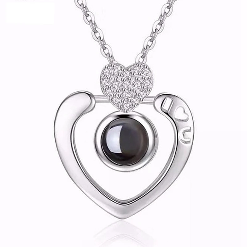 Модные женские ожерелья с двойным сердцем 100 языков I Love You двойное сердце любовь ключица цепь новые ювелирные изделия - Окраска металла: Посеребренный