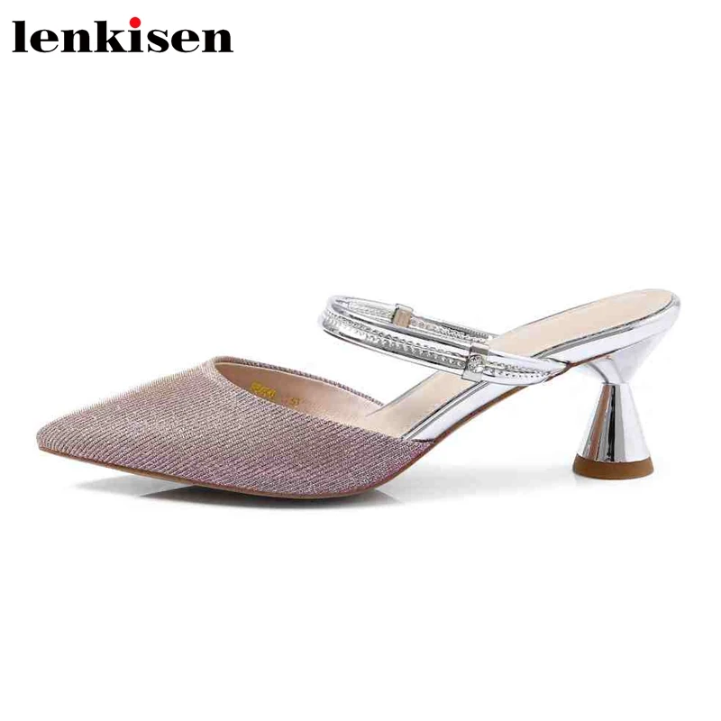 

Lenkisen genuine leather outside slippers slip on sequined pointed toe strange style high heels mules party bling sandals L12