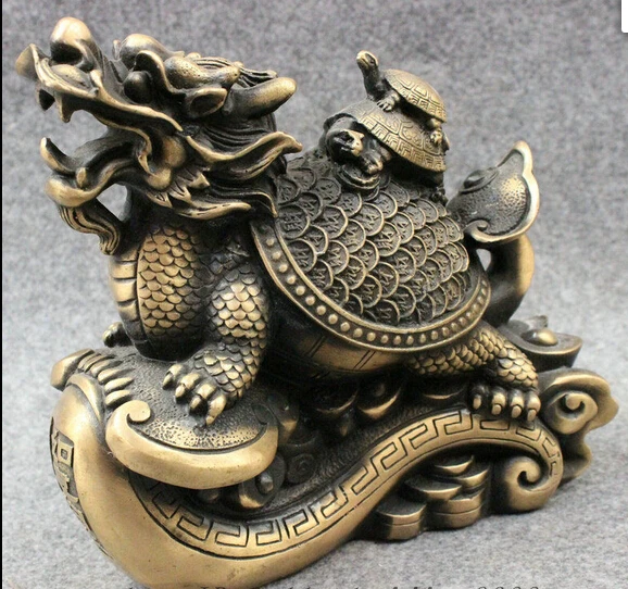 

hui88K730<<<8" Folk Chinese Bronze FengShui Longevity Shou Dragon Turtle On RuYi Statue