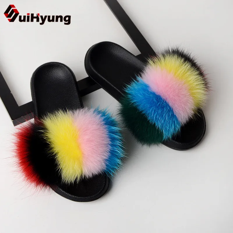 

Suihyung Plus Size Women Real Fox Fur Home Slippers Furry Indoor Shoe Casual Pu Slippers Female Bedroom Floor Shoes Multicolor