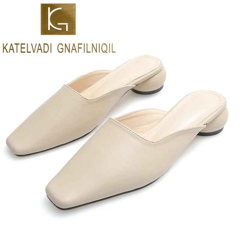 

KATELVADI Beige Pumps Pointed Toe Mule Slides 3.5CM Block Heel Casual Sandals Outdoor All-Match Ladies lazy Shoes K-415