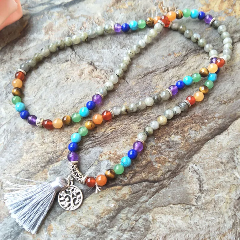 5 Strands Natural 7 Chakras crystal labradorite Stone Beads with Tassel Knot Handmade Boho Women Jewelry Necklaces NK101-6 | Украшения и