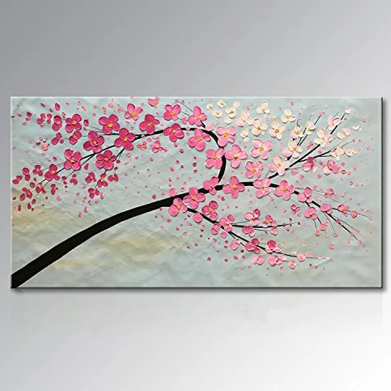 

Home Decor Wall Art Pictures Hand-painted Abstract Flower Oil Paintings on Canvas Large Knife Acrylic Pink Plum Floral Painting