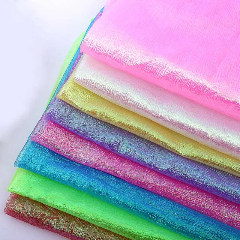 

Fluorescent Fabrics Colorful Shiny Gauze Fabric Stage Wedding Decor Tissue Voile Wrinkled Transparent Holographic Fabric 1 yard