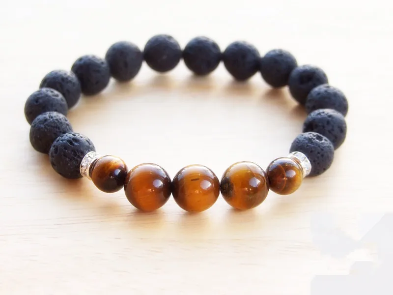 Lava Stone Tigers Eye Natural Gem stone Bracelet Elasticated Healing Stone Chakra Jewelry