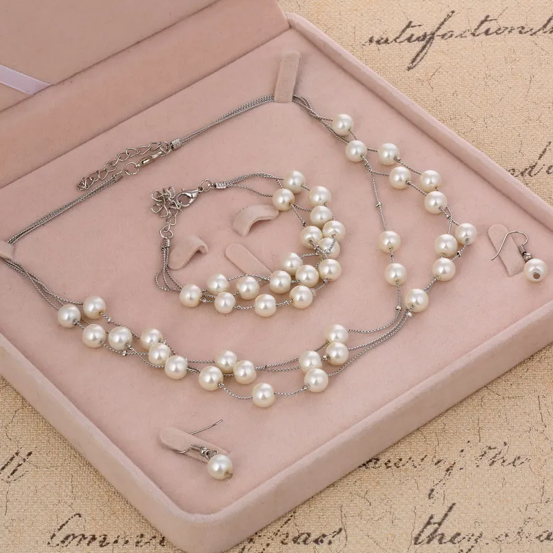 

Hesiod Simulated Pearl Jewelry Sets Silver Color Multi-layer Beads Wedding Bridal Jewelry Sets Necklace Bracelet Earrings Set