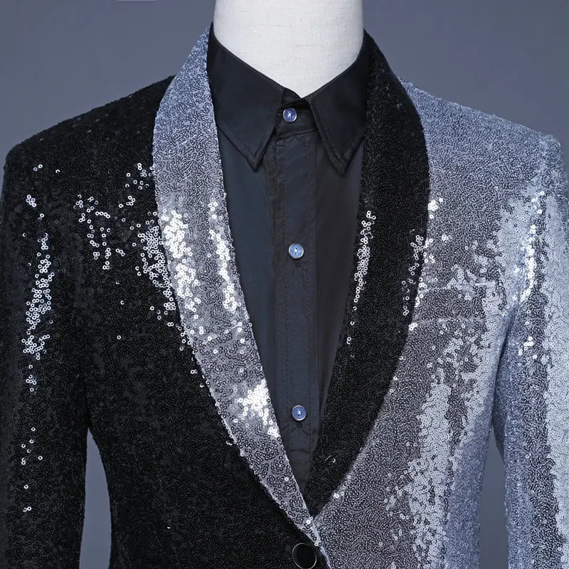 Уникальные мужские блейзеры, черная и серебряная куртка с блестками, костюм волшебника, косплей, певица, концертная куртка для ночного клуба, DJ блейзер