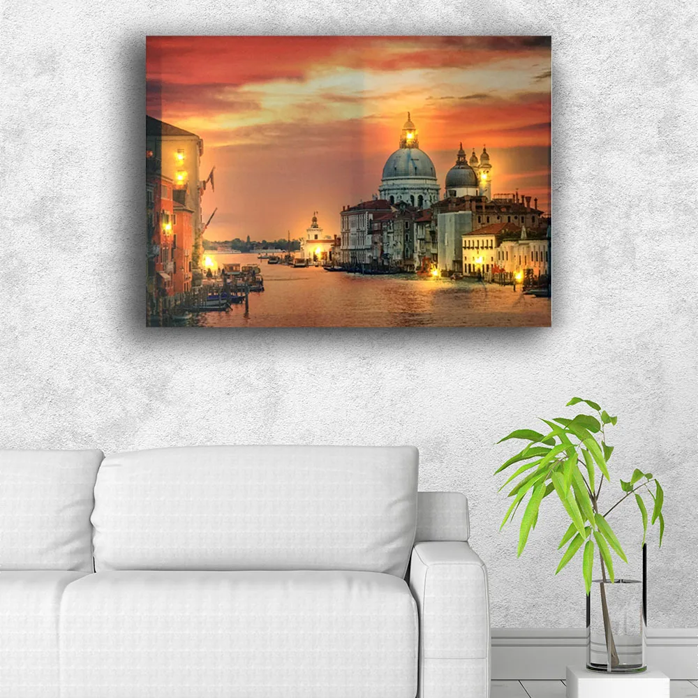 Modern Led wall picture Venice church with canal sunset canvas art