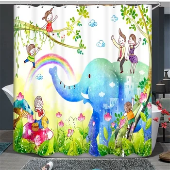 

Bright Colored Elephant Giraffe Owl Children Watercolor Rainbow Shower Curtain Waterproof Bathroom Decor Hanging Divider Drapes