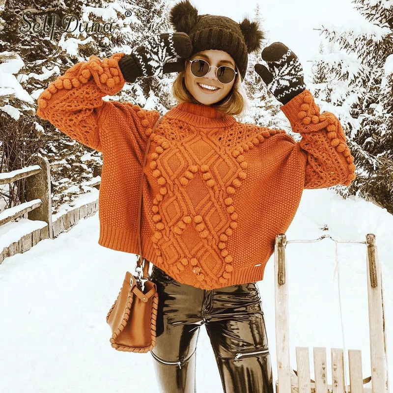 Self Duna, зимний свободный свитер с высоким воротом, Теплый Женский пуловер, джемпер с меховыми помпонами, белый Женский вязаный свитер