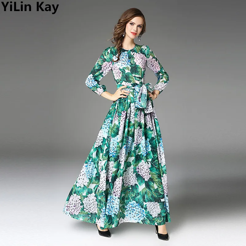 

2019 High Quality Fashion Runway Designer Printed DressGreen Leaves Flower Print Diamond Buttons Ankle-Length Pleated Dresses