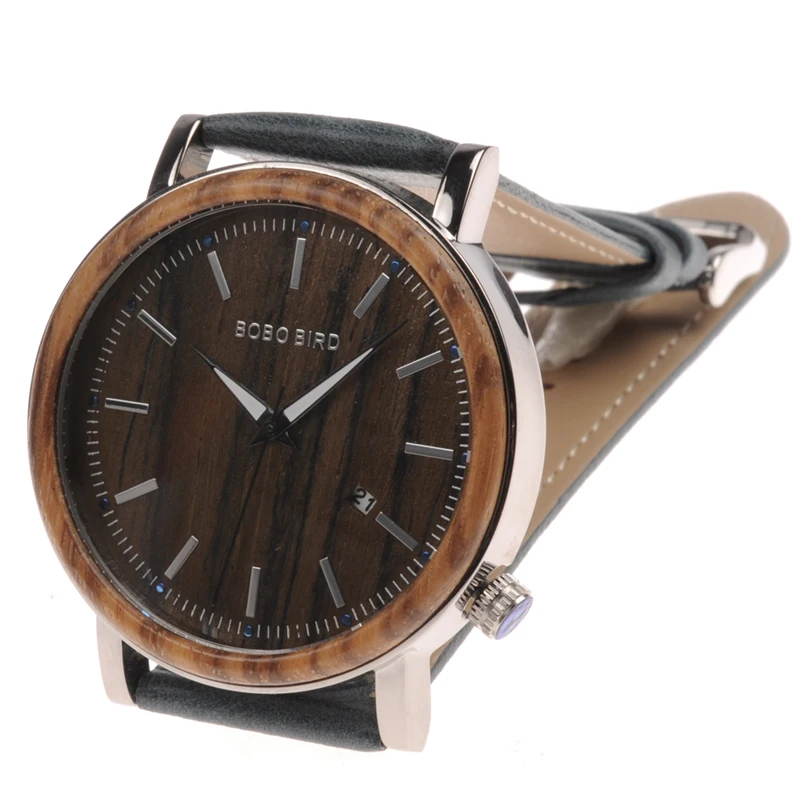 BOBO BIRD Date Display Men Watch Antique Steel Case Wooden Bezel Dress Watch with Soft Leather in Wood Gift Box