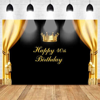 

Happy 40th Birthday Theme Party Backdrop for Photography Royal Crown Golden Curtain Black Background Support Custom Backdrops