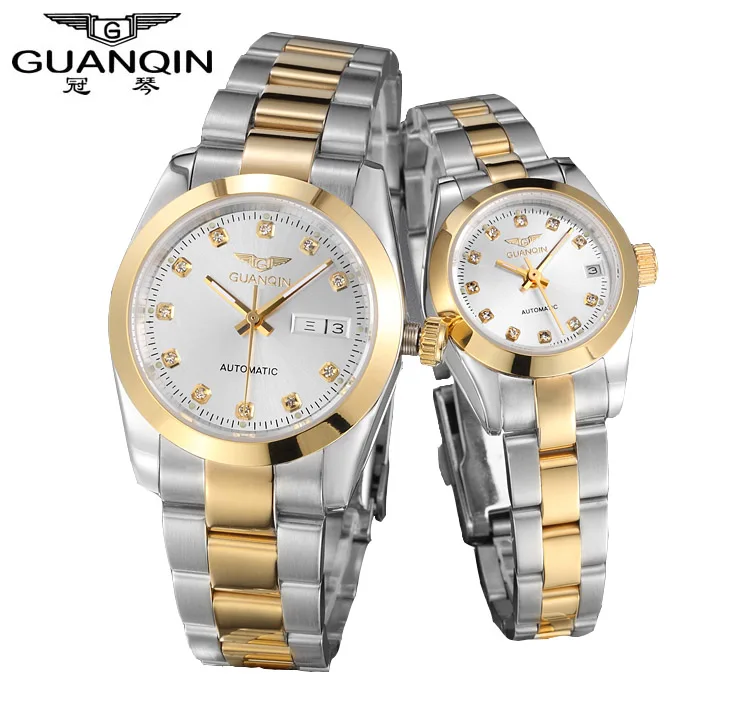 

Luxury Lovers watch pair Original GUANQIN Waterproof Diamond sapphire Men and Lady gold watches 12 month Guaranteed!