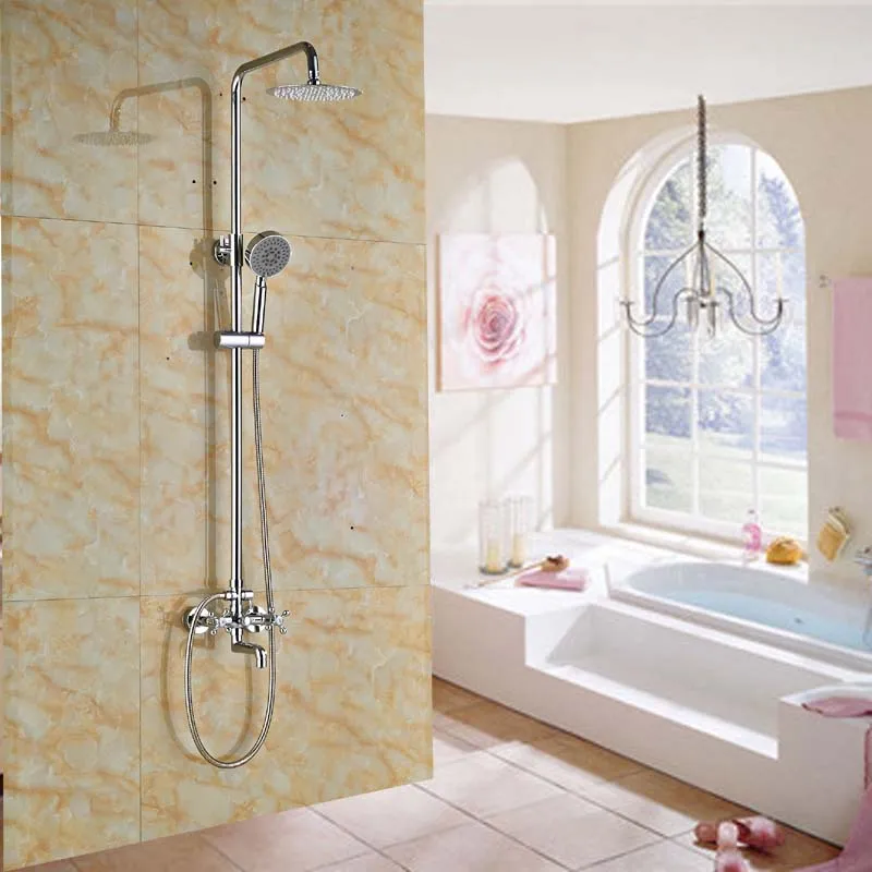 

Contemporary 8" Rainfall Shower Faucet Set Two Cross Hansles Tub Spout Chrome Finish