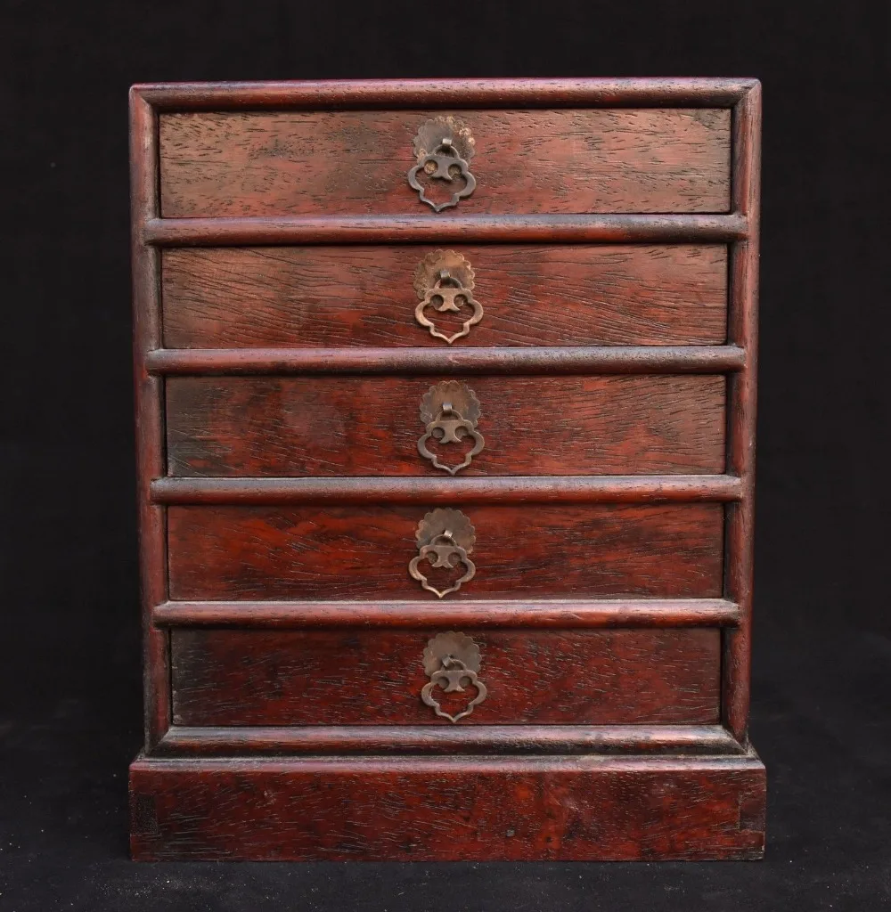 

christmas 12" Collection Chinese Huanghuali Wood Carved 5 Drawer Jewel Storage Jewelry Box halloween