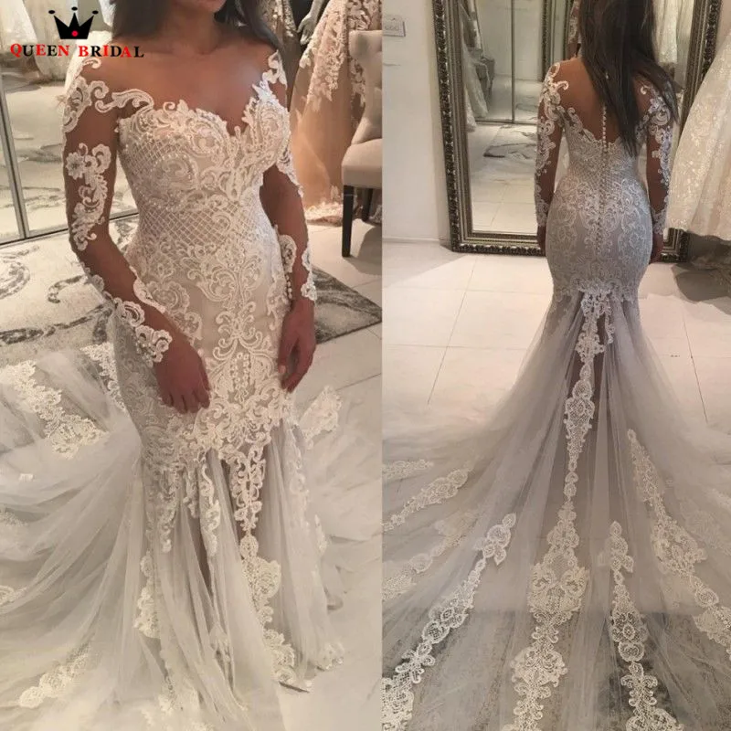 

Custom Made 2019 New Vintage Lace Tulle Pearls Elegant Sexy Mermaid Wedding Dresses Long Sleeve Vestido De Noiva KA07M