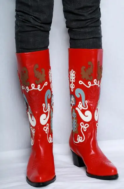 Las Estampado Rojo Hasta Grueso Rodilla Picture De Botas Dropship La Mujer Mujeres Tacón Caballero As Punta Cuero Patente Invierno OE67xE
