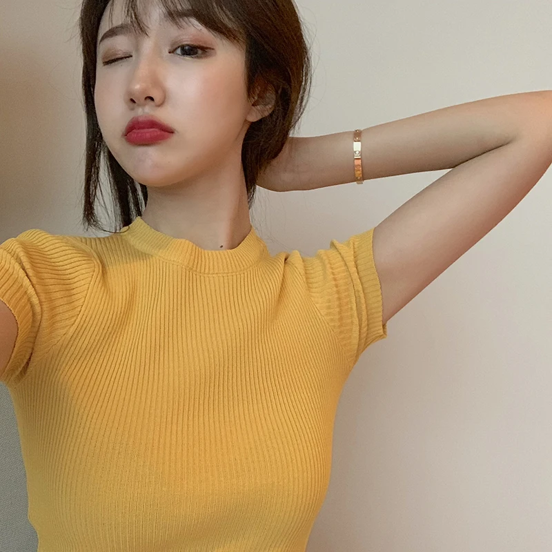 

6 colors 2019 summer vintage style solid color short sleeve slim t shirts womens knitted tops tee shirt femme (R77703)