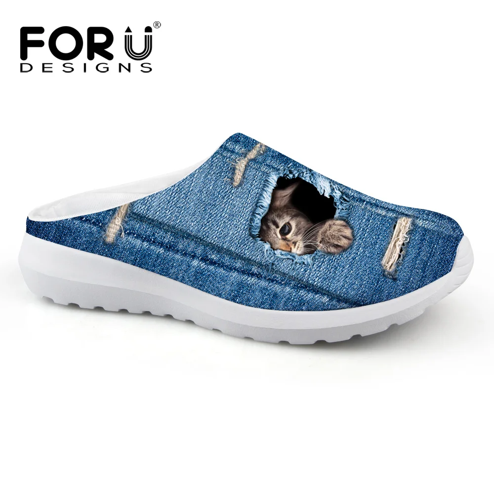

FORUDESIGNS Fashion Women Casual House Slippers Cute 3D Denim Cat Dog Prints Summer Beach Slippers for Ladies Slip-on Sandals