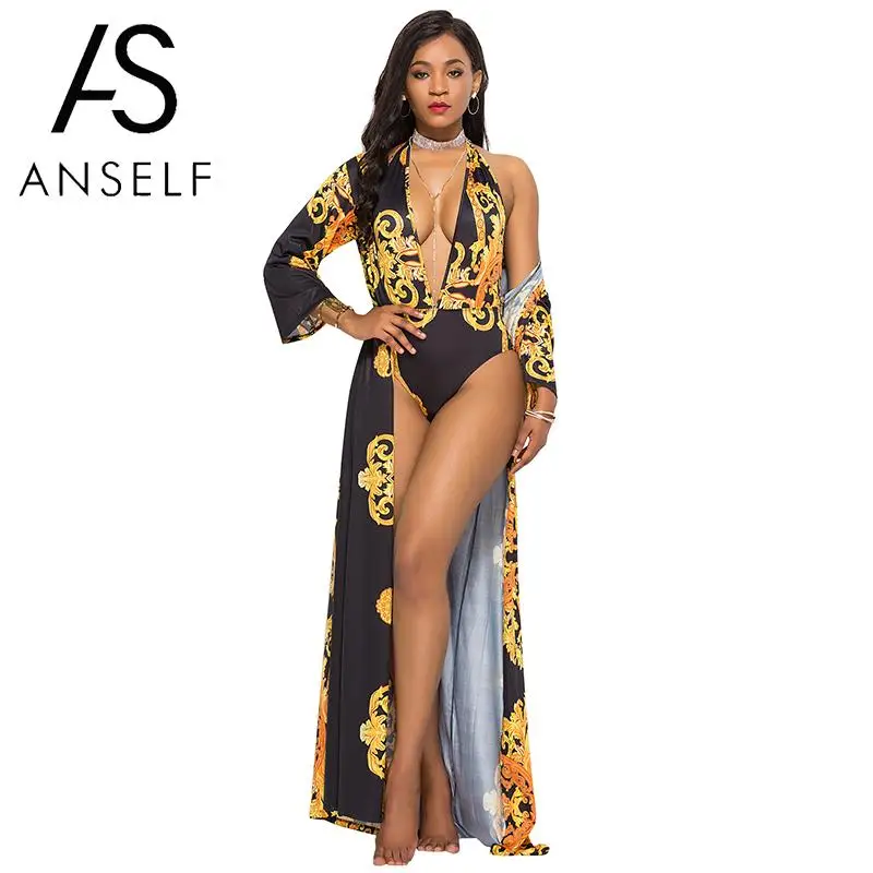 

Anself Vintage Women Ethnic Print Plunging V One Piece Swimsuits Bikini Cover Up Swimwear Bathing Suit Set Yellow/Brown/White